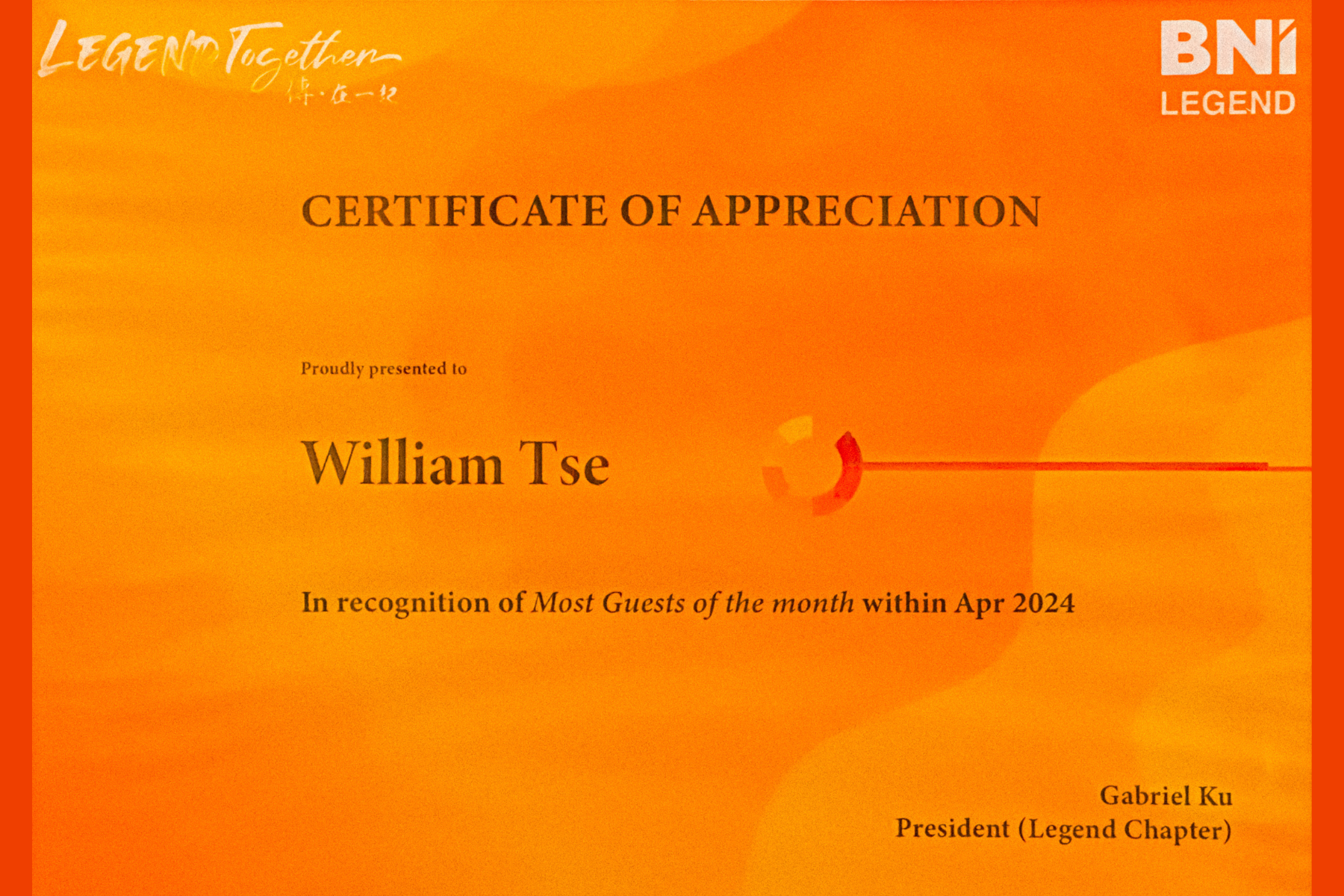 Certificate of Appreciation by BNI